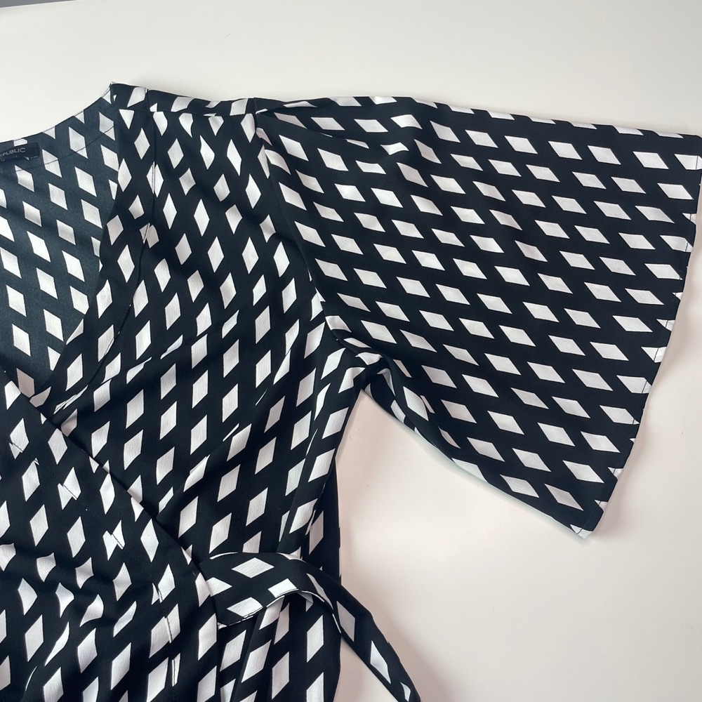Banana Republic Black White Diamond Print Wrap Dress Short Sleeve 6 S/193043-00 - Picture 9 of 13